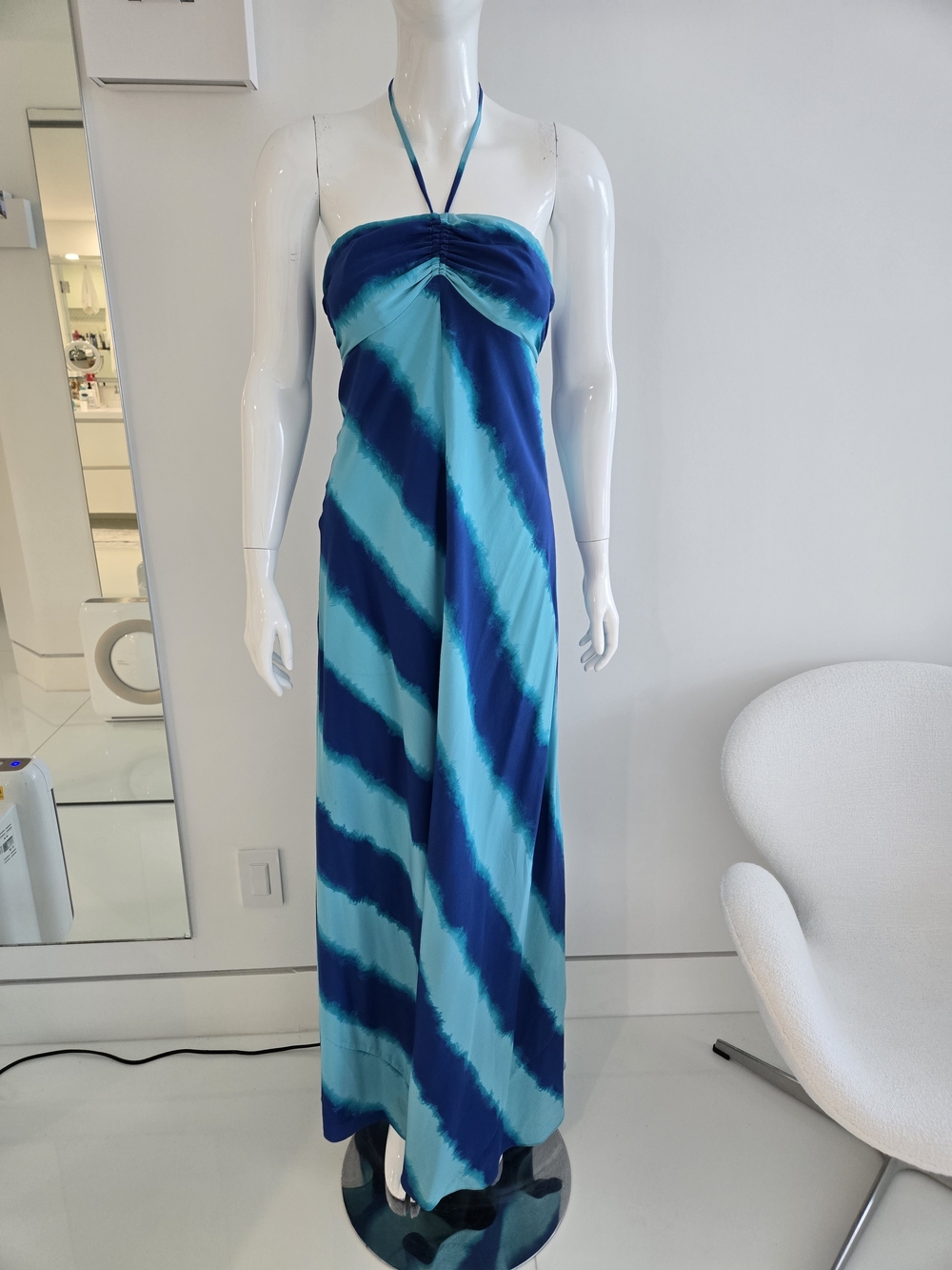 Michael Kors Silk Blue And Teal Diagonal Stripe Halter Maxi Dress, Size 4